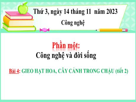 Bài giảng Công nghệ Lớp 4 - Phần 1: Công nghệ và đời sống - Bài 4: Gieo hạt hoa, cây cảnh trong chậu (Tiết 2) - Năm học 2023-2024 - Nguyễn Thị Hải Hà